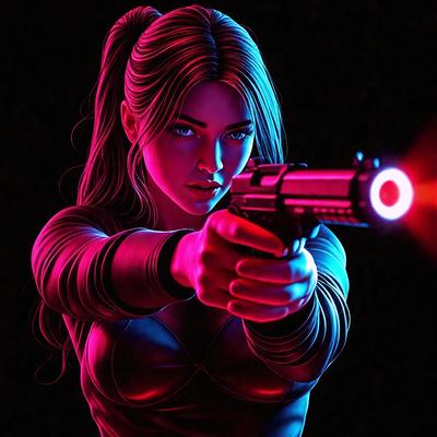 The primary subject of the image is a woman holding a gun. She is dressed in a black shirt and appears to be in a futuristic setting. The visual style of the image is digital art, and the dominant colors are pink and purple, creating a vibrant and futuristic atmosphere.